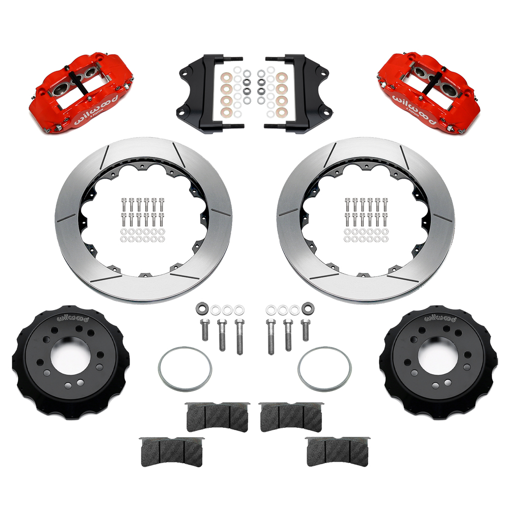 Wilwood Forged Narrow Superlite 6R Big Brake Front Brake Kit (Hat) Parts Laid Out - Red Powder Coat Caliper - GT Slotted Rotor