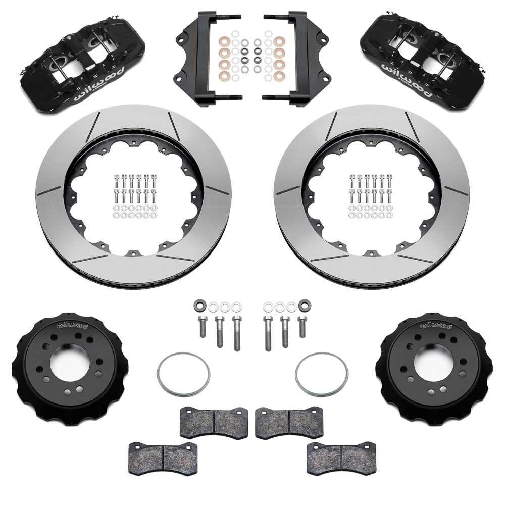 Wilwood AERO6 Big Brake Front Brake Kit Parts Laid Out - Black Powder Coat Caliper - GT Slotted Rotor