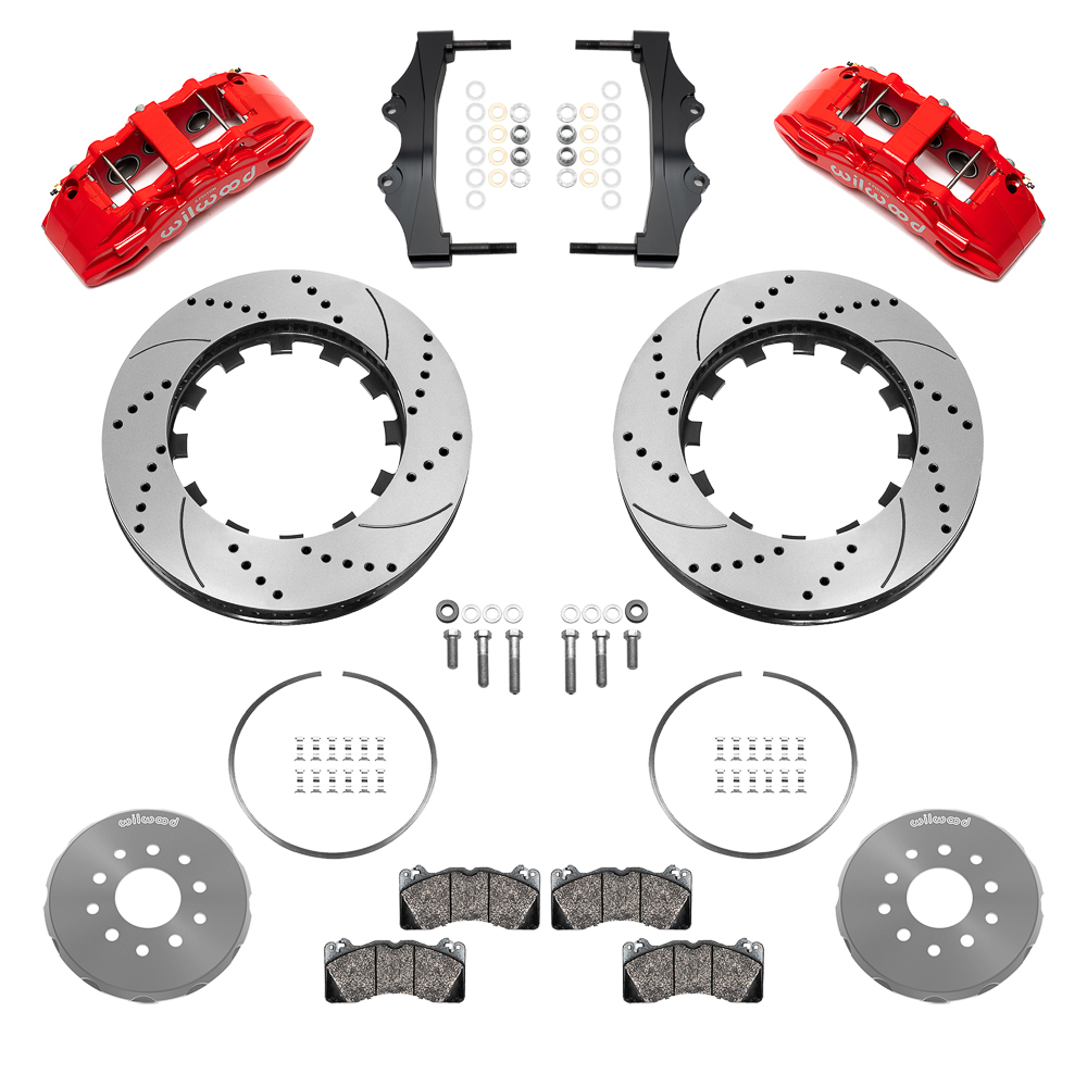 Wilwood SX6R Big Brake Dynamic Front Brake Kit Parts Laid Out - Red Powder Coat Caliper - SRP Drilled & Slotted Rotor