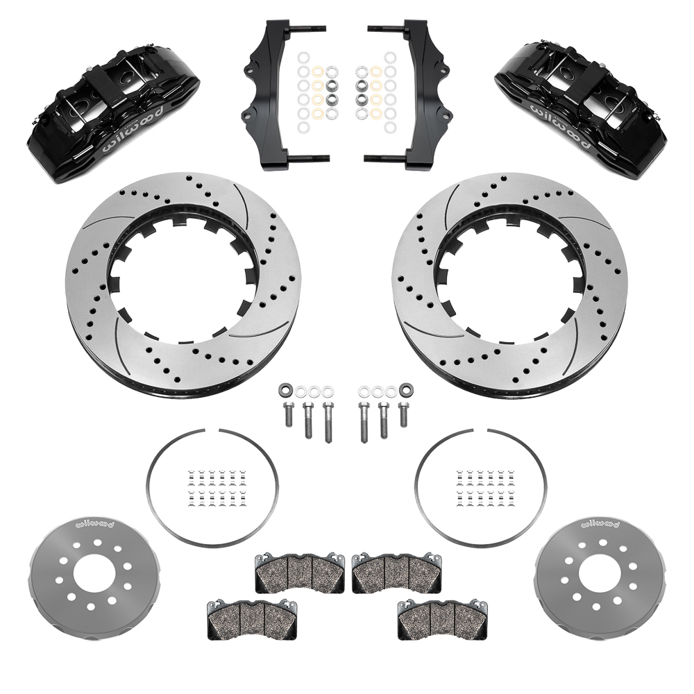 Wilwood SX6R Big Brake Dynamic Front Brake Kit Parts Laid Out - Black Powder Coat Caliper - SRP Drilled & Slotted Rotor