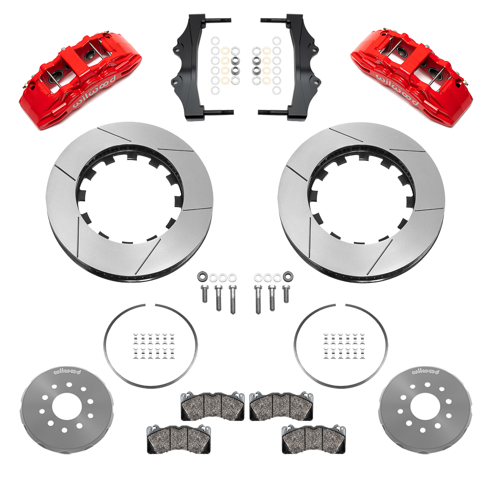 Wilwood SX6R Big Brake Dynamic Front Brake Kit Parts Laid Out - Red Powder Coat Caliper - GT Slotted Rotor