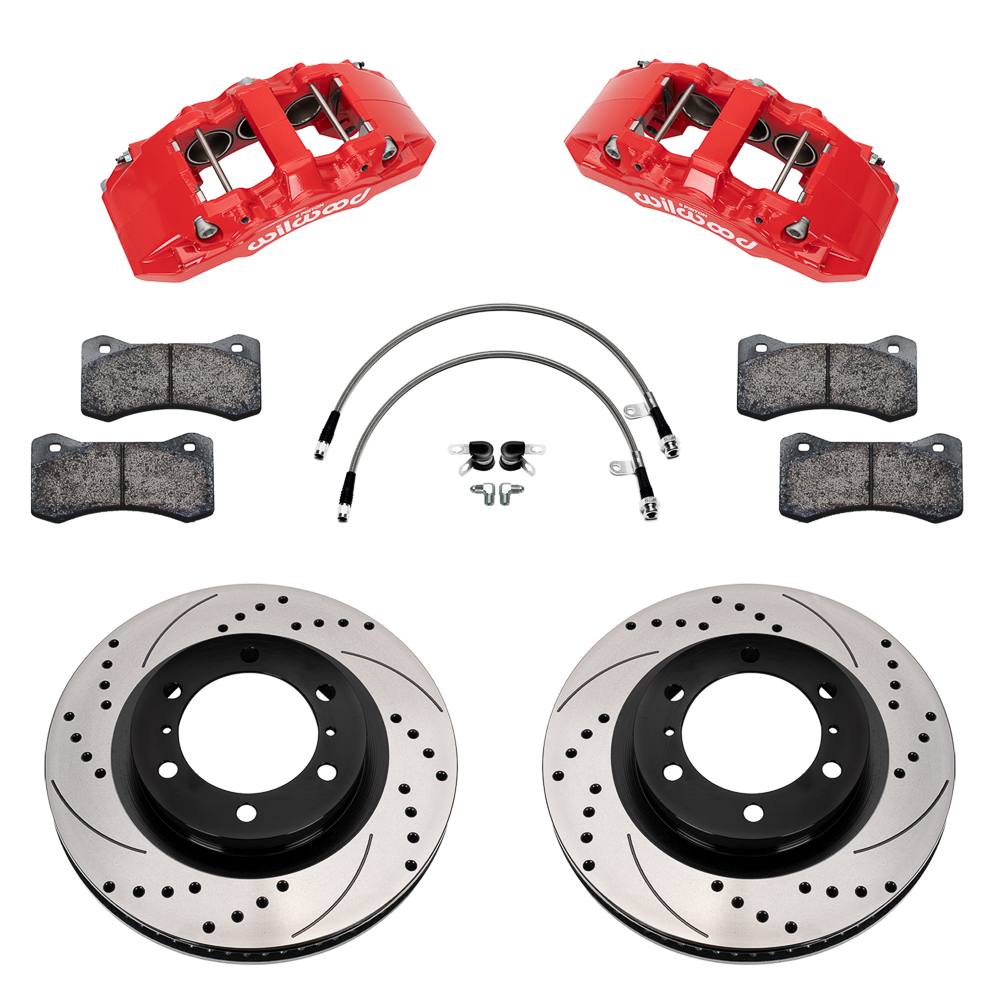 Wilwood AERO6-DM Direct-Mount Truck Front Brake Kit Parts Laid Out - Red Powder Coat Caliper - SRP Drilled & Slotted Rotor