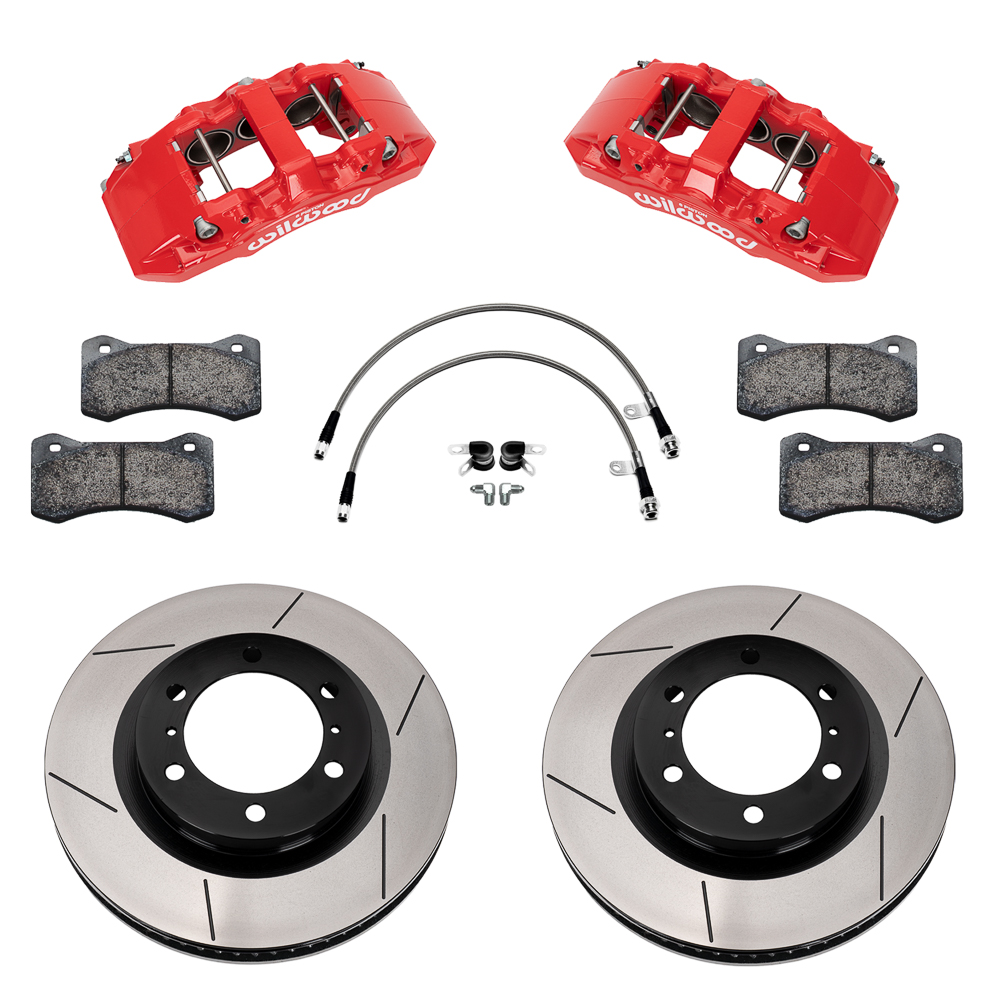 Wilwood AERO6-DM Direct-Mount Truck Front Brake Kit Parts Laid Out - Red Powder Coat Caliper - GT Slotted Rotor