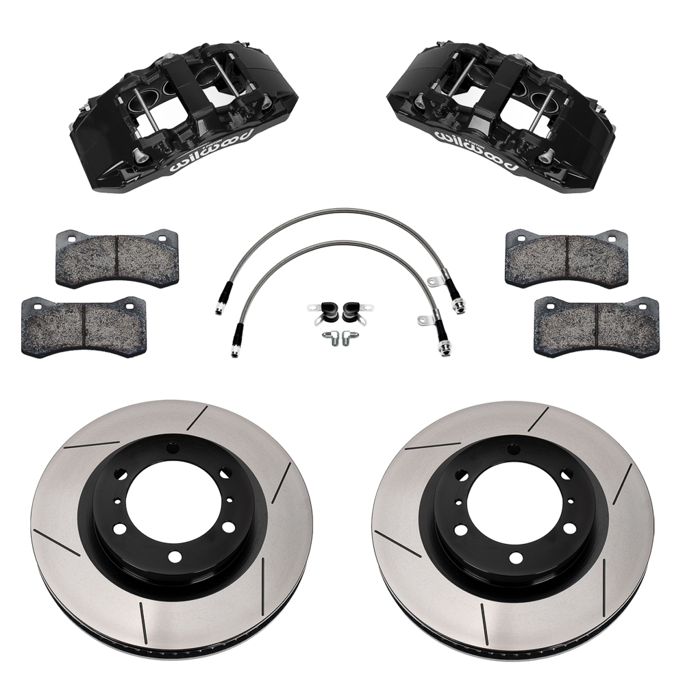 Wilwood AERO6-DM Direct-Mount Truck Front Brake Kit Parts Laid Out - Black Powder Coat Caliper - GT Slotted Rotor