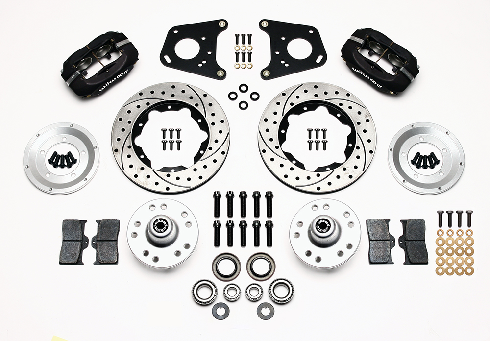 Wilwood Forged Dynalite Pro Series Front Brake Kit Parts Laid Out - Type III Anodize Caliper - SRP Drilled & Slotted Rotor