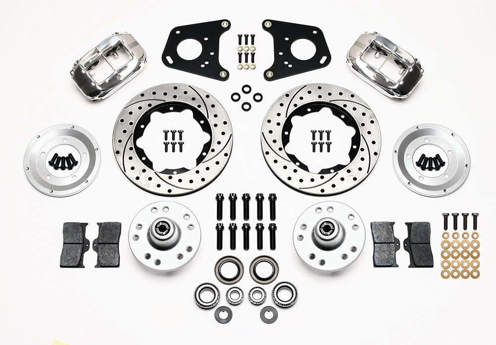 Wilwood Forged Dynalite Pro Series Front Brake Kit Parts Laid Out - Polish Caliper - SRP Drilled & Slotted Rotor