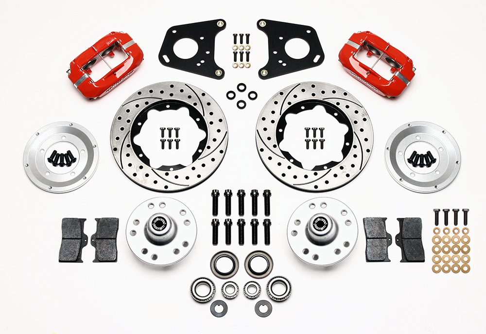 Wilwood Forged Dynalite Pro Series Front Brake Kit Parts Laid Out - Red Powder Coat Caliper - SRP Drilled & Slotted Rotor