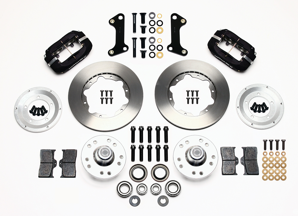 Wilwood Forged Dynalite Pro Series Front Brake Kit Parts Laid Out - Type III Anodize Caliper - Plain Face Rotor