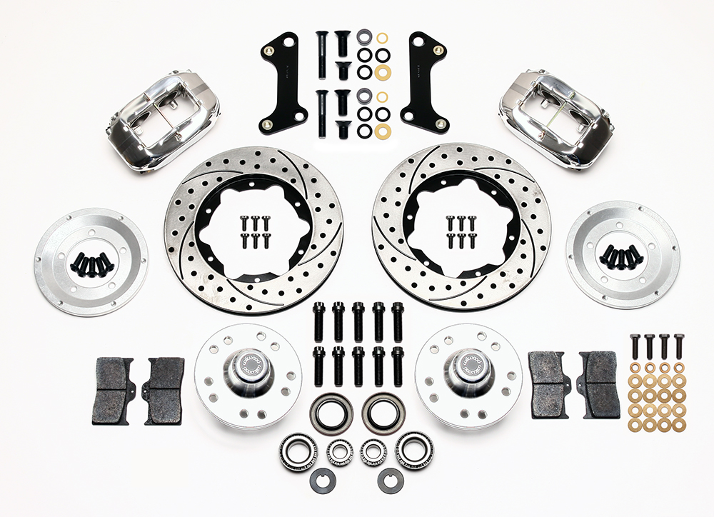 Wilwood Forged Dynalite Pro Series Front Brake Kit Parts Laid Out - Polish Caliper - SRP Drilled & Slotted Rotor