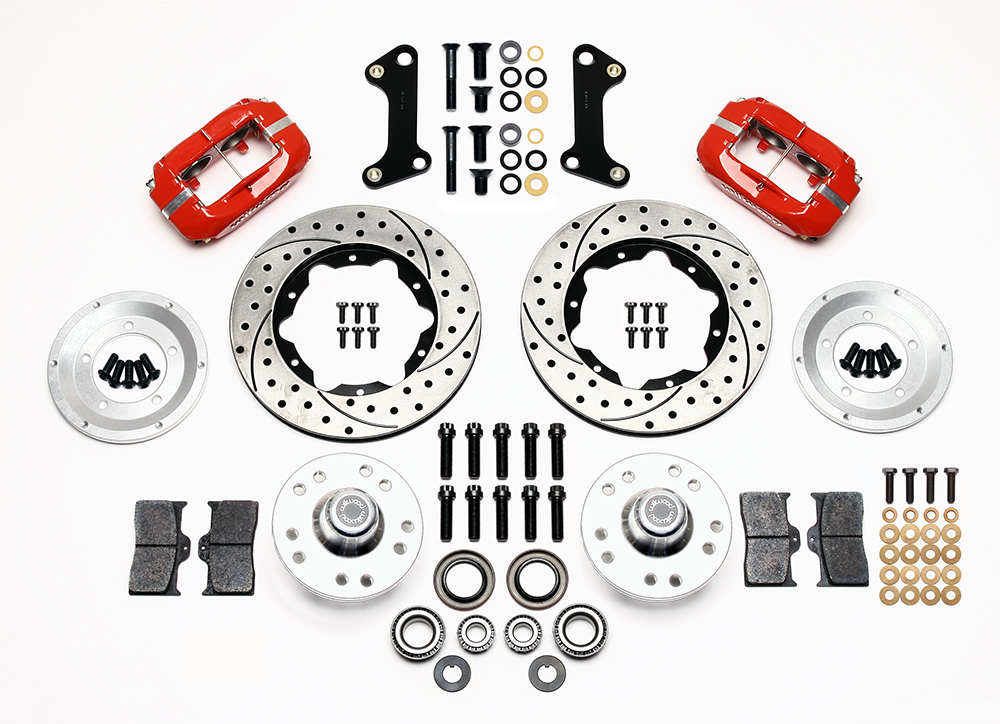 Wilwood Forged Dynalite Pro Series Front Brake Kit Parts Laid Out - Red Powder Coat Caliper - SRP Drilled & Slotted Rotor