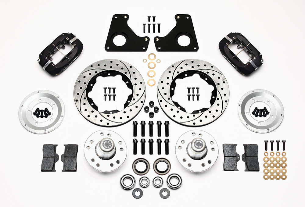 Wilwood Forged Dynalite Pro Series Front Brake Kit Parts Laid Out - Type III Anodize Caliper - SRP Drilled & Slotted Rotor