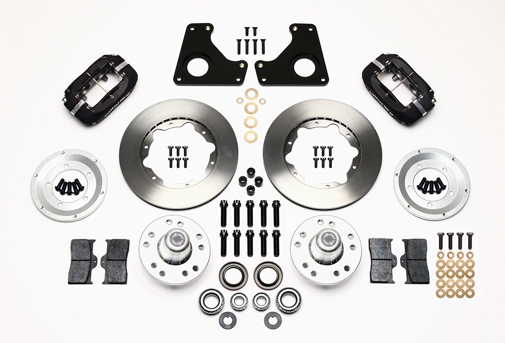 Wilwood Forged Dynalite Pro Series Front Brake Kit Parts Laid Out - Type III Anodize Caliper - Plain Face Rotor