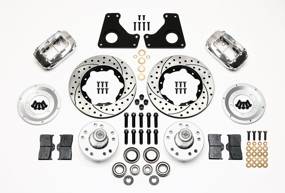 Wilwood Forged Dynalite Pro Series Front Brake Kit Parts Laid Out - Polish Caliper - SRP Drilled & Slotted Rotor