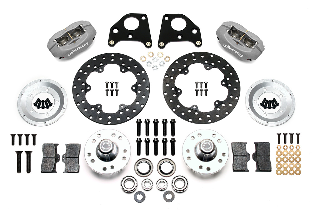 Wilwood Forged Dynalite Front Drag Brake Kit Parts Laid Out - Type III Anodize Caliper - Drilled Rotor