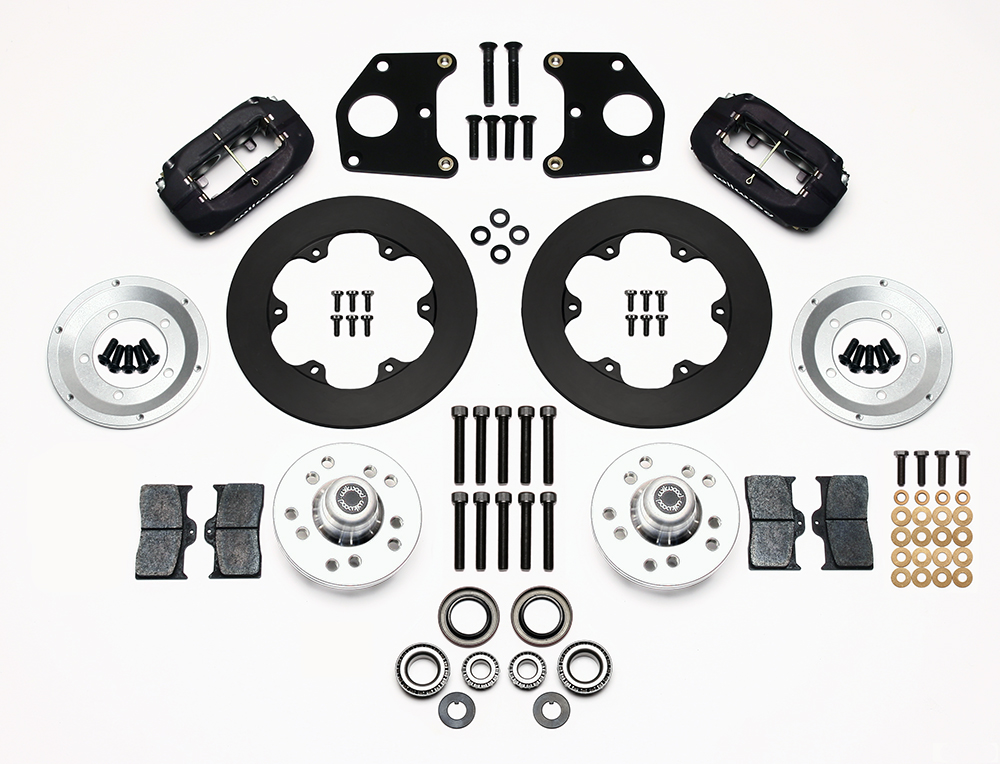 Wilwood Forged Dynalite Front Drag Brake Kit Parts Laid Out - Type III Anodize Caliper - Plain Face Rotor