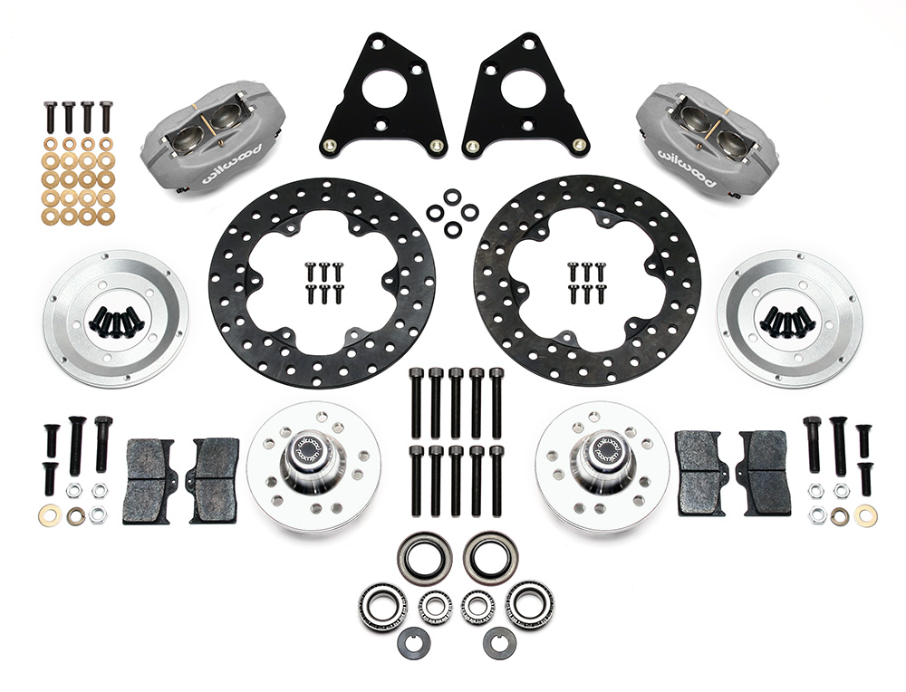 Wilwood Forged Dynalite Front Drag Brake Kit Parts Laid Out - Type III Ano Caliper - Drilled Rotor