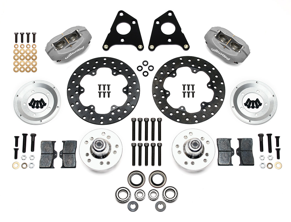 Wilwood Forged Dynalite Front Drag Brake Kit Parts Laid Out - Type III Anodize Caliper - Drilled Rotor