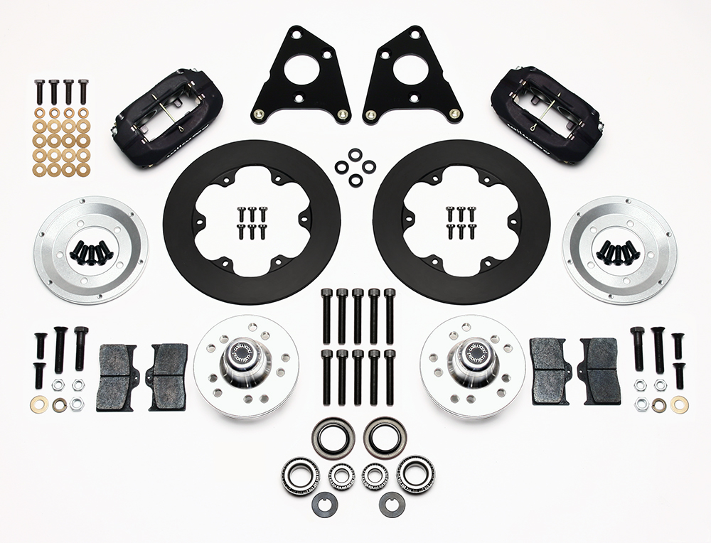 Wilwood Forged Dynalite Front Drag Brake Kit Parts Laid Out - Type III Anodize Caliper - Plain Face Rotor