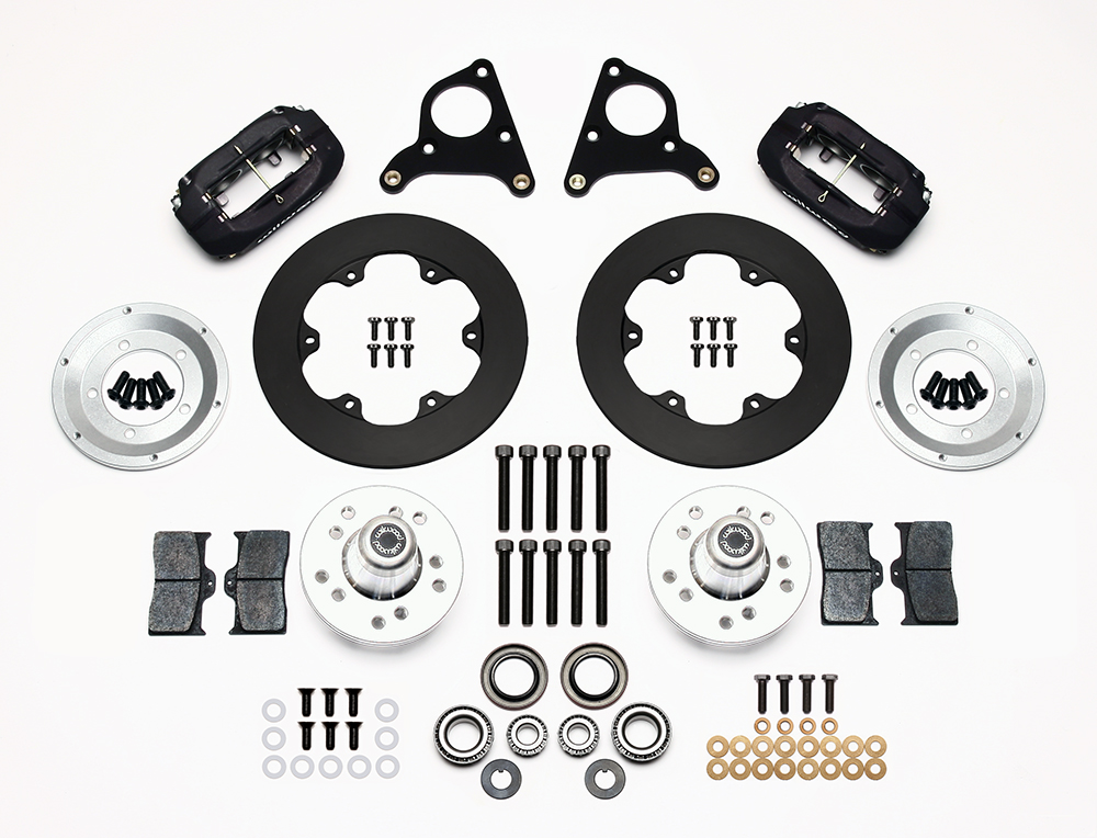 Wilwood Forged Dynalite Front Drag Brake Kit Parts Laid Out - Type III Anodize Caliper - Plain Face Rotor
