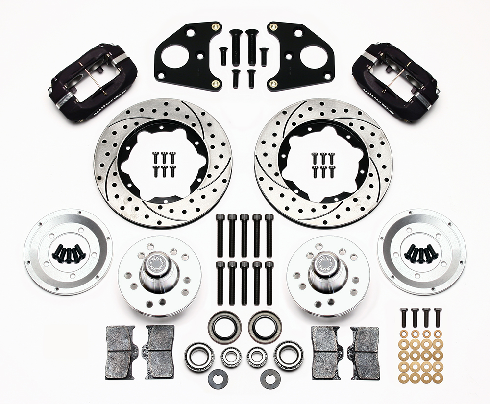 Wilwood Forged Dynalite Pro Series Front Brake Kit Parts Laid Out - Type III Anodize Caliper - SRP Drilled & Slotted Rotor