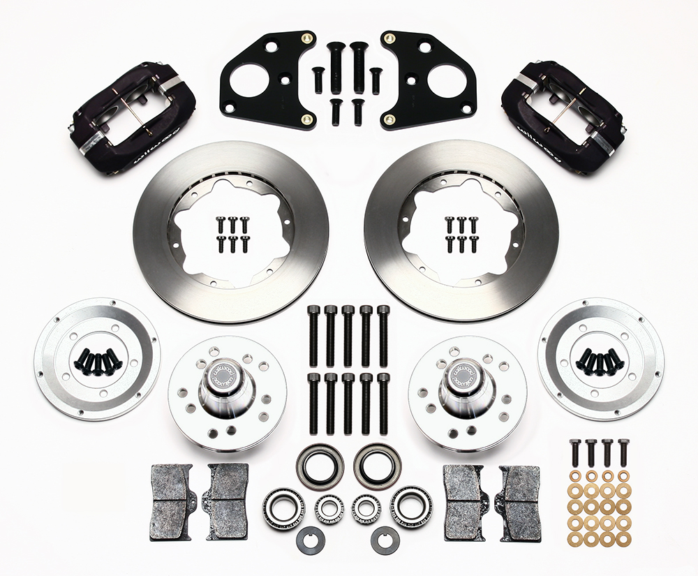 Wilwood Forged Dynalite Pro Series Front Brake Kit Parts Laid Out - Type III Anodize Caliper - Plain Face Rotor