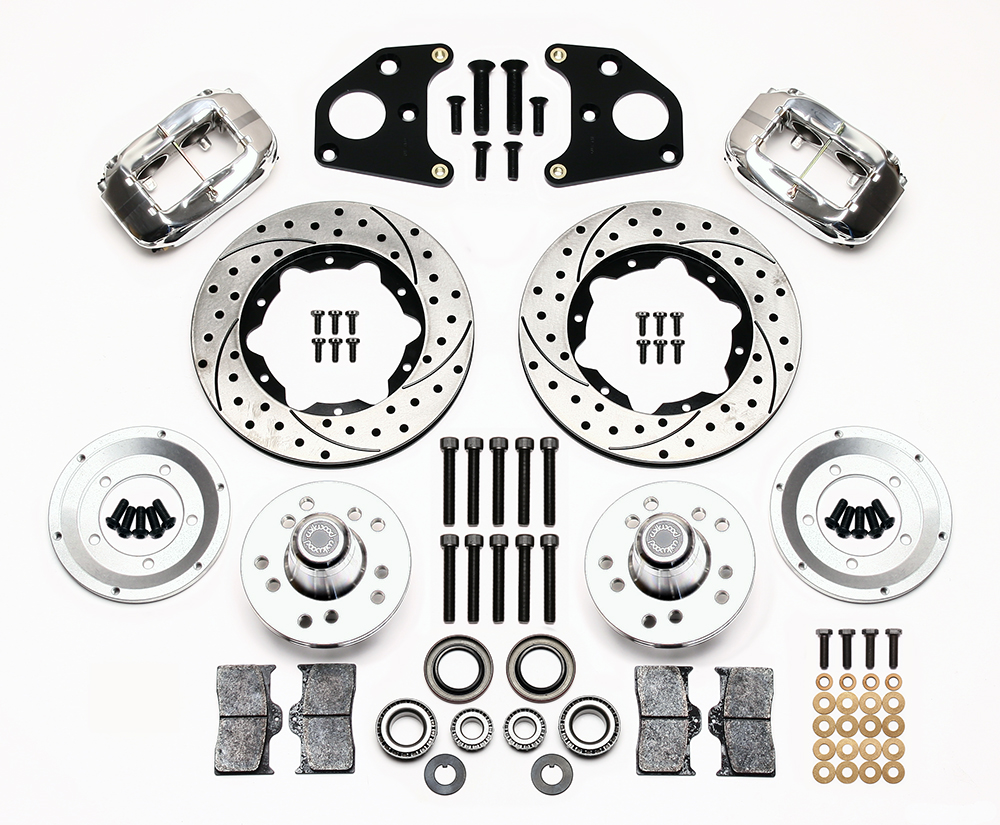 Wilwood Forged Dynalite Pro Series Front Brake Kit Parts Laid Out - Polish Caliper - SRP Drilled & Slotted Rotor