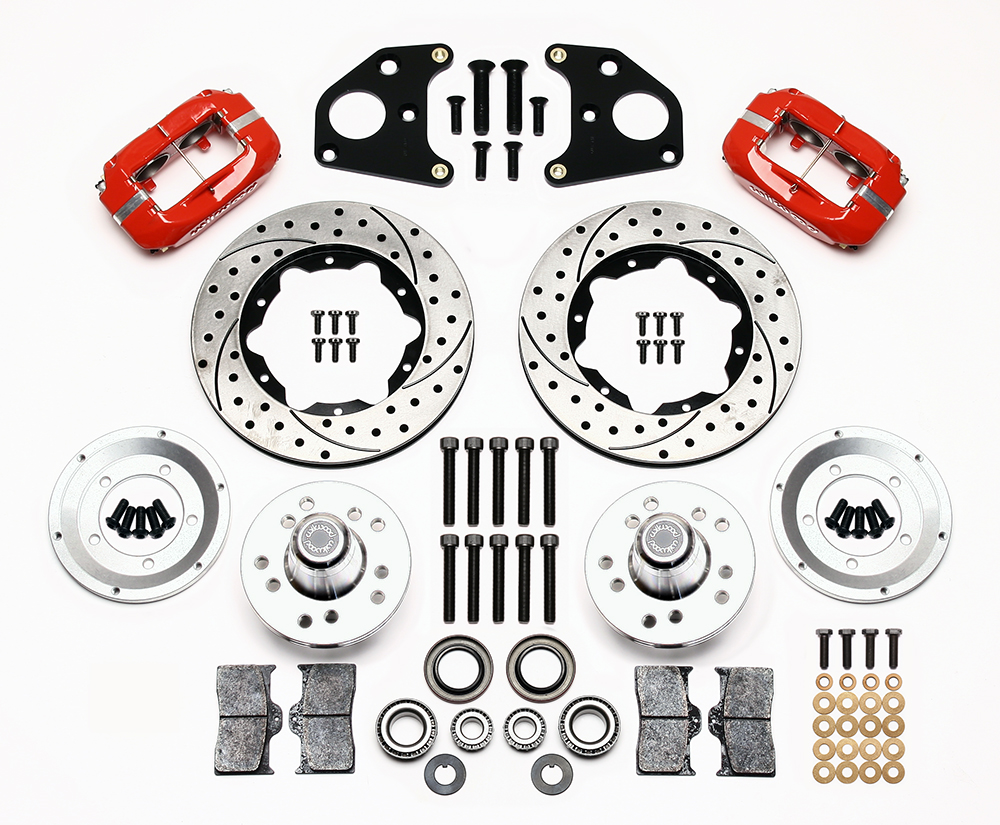 Wilwood Forged Dynalite Pro Series Front Brake Kit Parts Laid Out - Red Powder Coat Caliper - SRP Drilled & Slotted Rotor