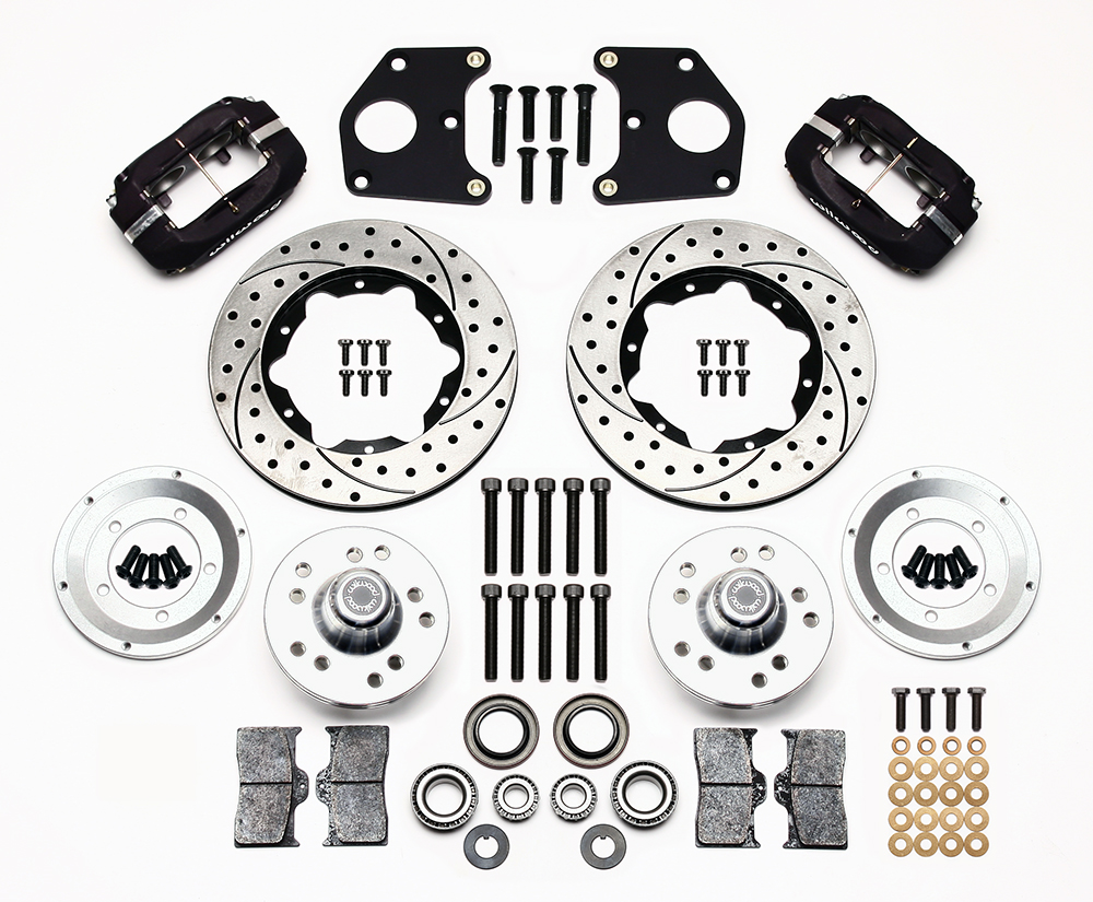 Wilwood Forged Dynalite Pro Series Front Brake Kit Parts Laid Out - Type III Anodize Caliper - SRP Drilled & Slotted Rotor