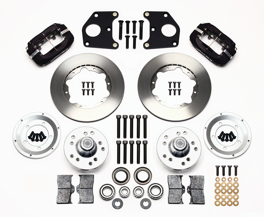 Wilwood Forged Dynalite Pro Series Front Brake Kit Parts Laid Out - Type III Anodize Caliper - Plain Face Rotor