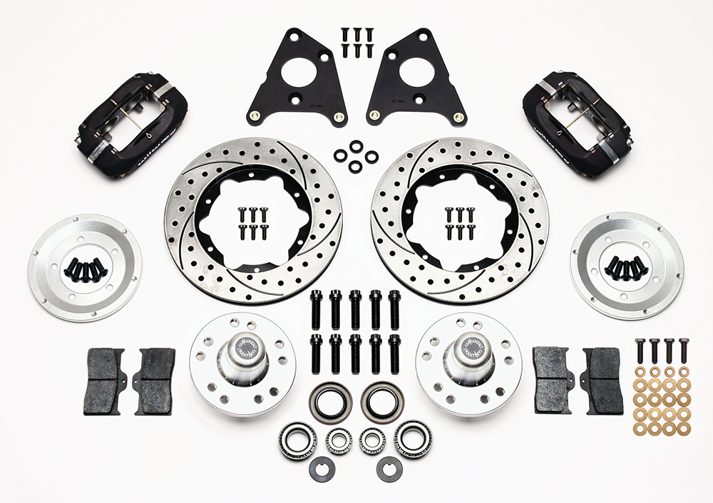 Wilwood Forged Dynalite Pro Series Front Brake Kit Parts Laid Out - Type III Anodize Caliper - SRP Drilled & Slotted Rotor