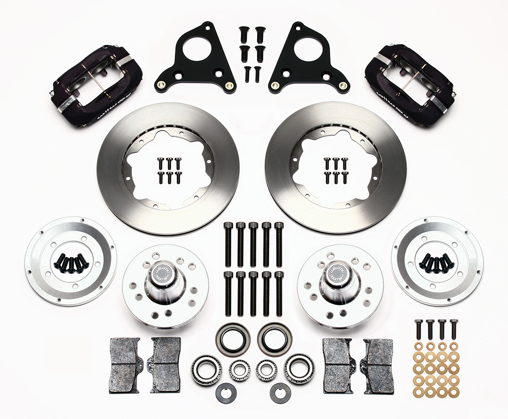 Wilwood Forged Dynalite Pro Series Front Brake Kit Parts Laid Out - Type III Anodize Caliper - Plain Face Rotor