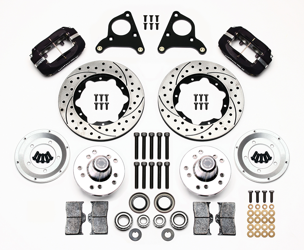 Wilwood Forged Dynalite Pro Series Front Brake Kit Parts Laid Out - Type III Anodize Caliper - SRP Drilled & Slotted Rotor