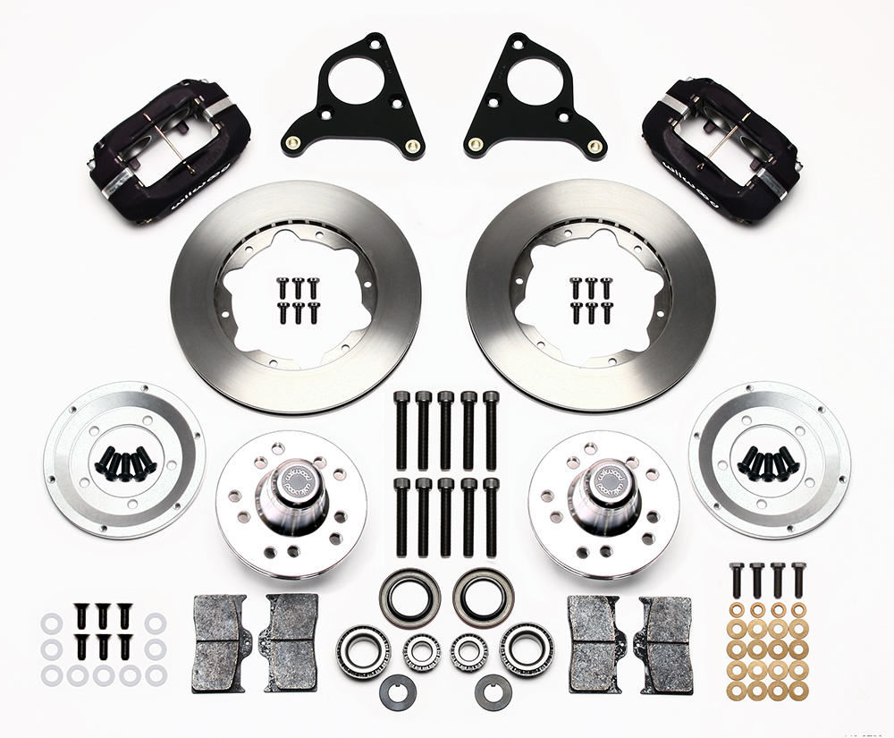 Wilwood Forged Dynalite Pro Series Front Brake Kit Parts Laid Out - Type III Anodize Caliper - Plain Face Rotor