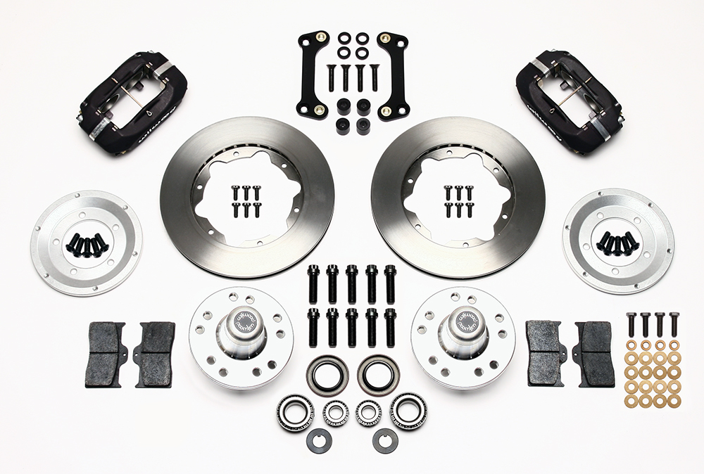 Wilwood Forged Dynalite Pro Series Front Brake Kit Parts Laid Out - Type III Anodize Caliper - Plain Face Rotor