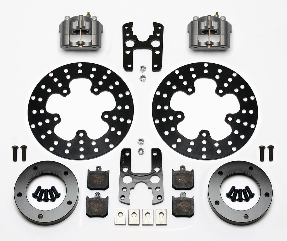 Wilwood Dynalite Single Floater Front Drag Brake Kit Parts Laid Out - Type III Ano Caliper - Drilled Rotor