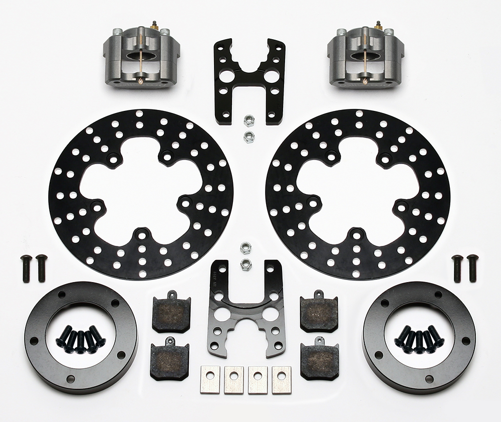 Wilwood Dynalite Single Floater Front Drag Brake Kit Parts Laid Out - Type III Anodize Caliper - Drilled Rotor