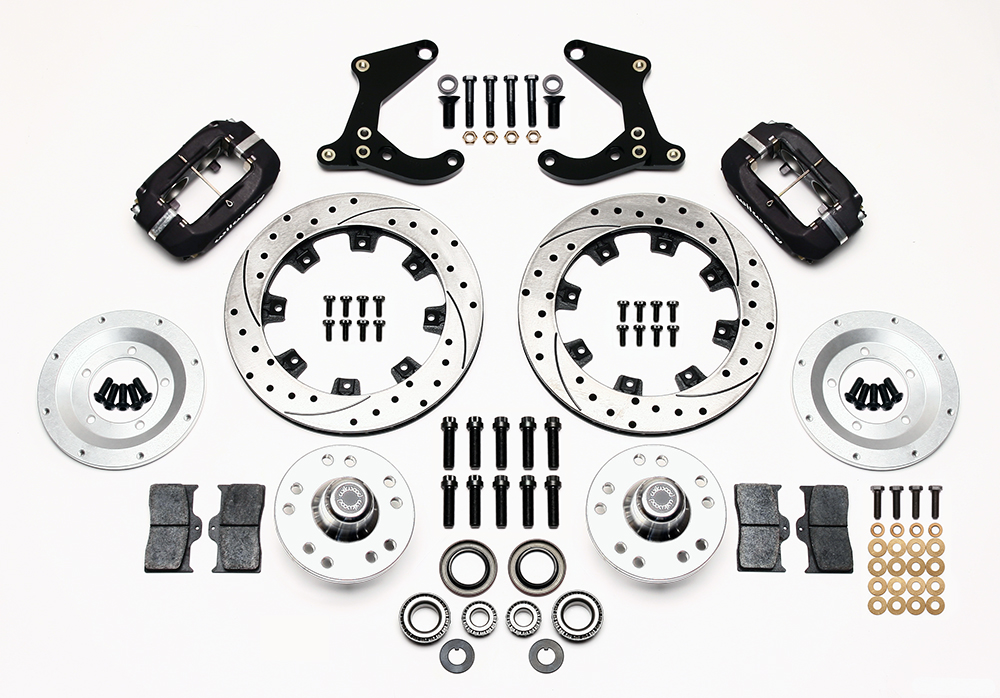 Wilwood Forged Dynalite Pro Series Front Brake Kit Parts Laid Out - Type III Anodize Caliper - SRP Drilled & Slotted Rotor