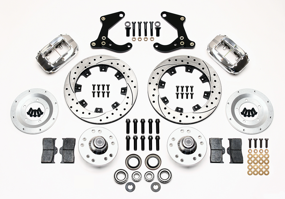 Wilwood Forged Dynalite Pro Series Front Brake Kit Parts Laid Out - Polish Caliper - SRP Drilled & Slotted Rotor