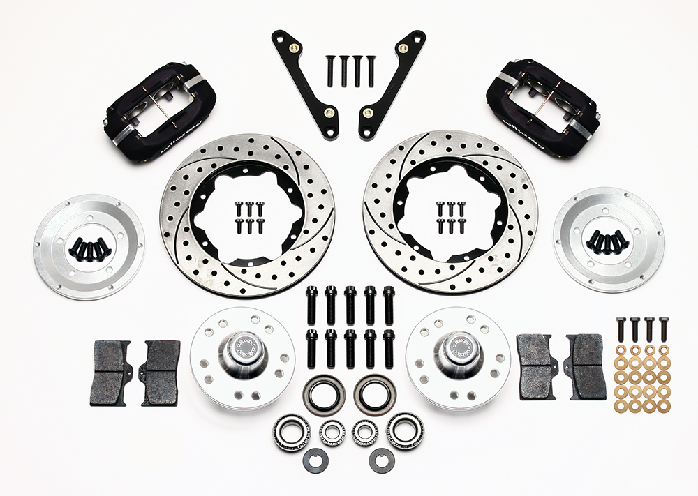 Wilwood Forged Dynalite Pro Series Front Brake Kit Parts Laid Out - Type III Anodize Caliper - SRP Drilled & Slotted Rotor