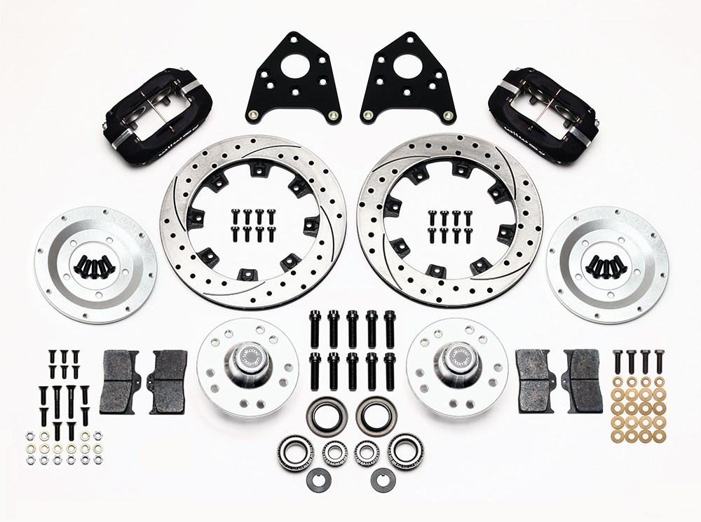 Wilwood Forged Dynalite Pro Series Front Brake Kit Parts Laid Out - Type III Anodize Caliper - SRP Drilled & Slotted Rotor