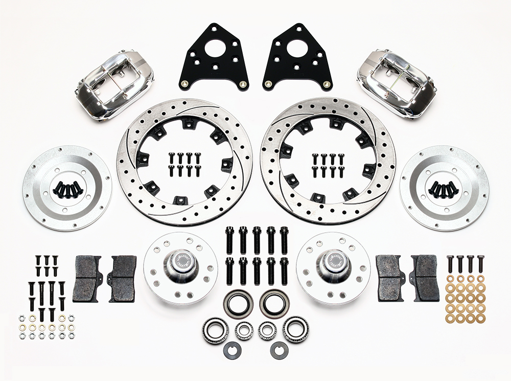 Wilwood Forged Dynalite Pro Series Front Brake Kit Parts Laid Out - Polish Caliper - SRP Drilled & Slotted Rotor