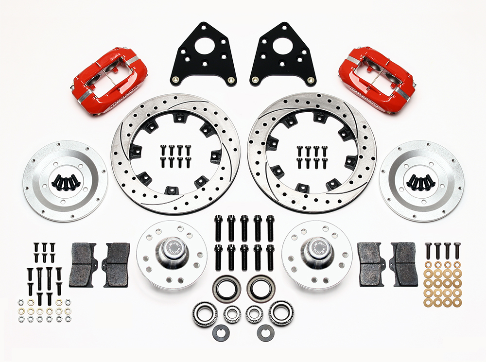 Wilwood Forged Dynalite Pro Series Front Brake Kit Parts Laid Out - Red Powder Coat Caliper - SRP Drilled & Slotted Rotor