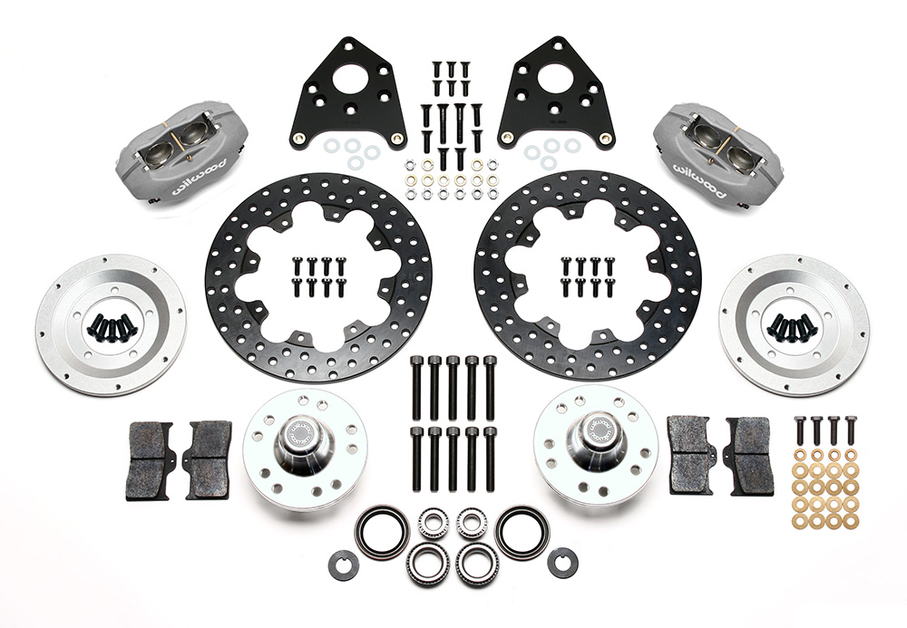 Wilwood Forged Dynalite Front Drag Brake Kit Parts Laid Out - Type III Anodize Caliper - Drilled Rotor