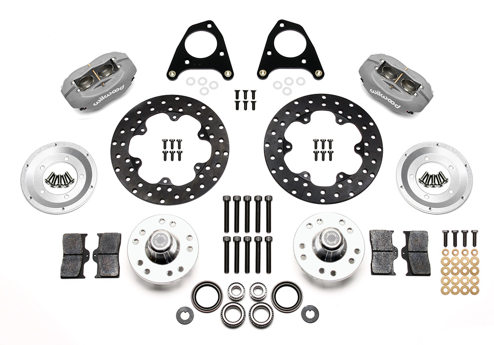 Wilwood Forged Dynalite Front Drag Brake Kit Parts Laid Out - Type III Anodize Caliper - Drilled Rotor