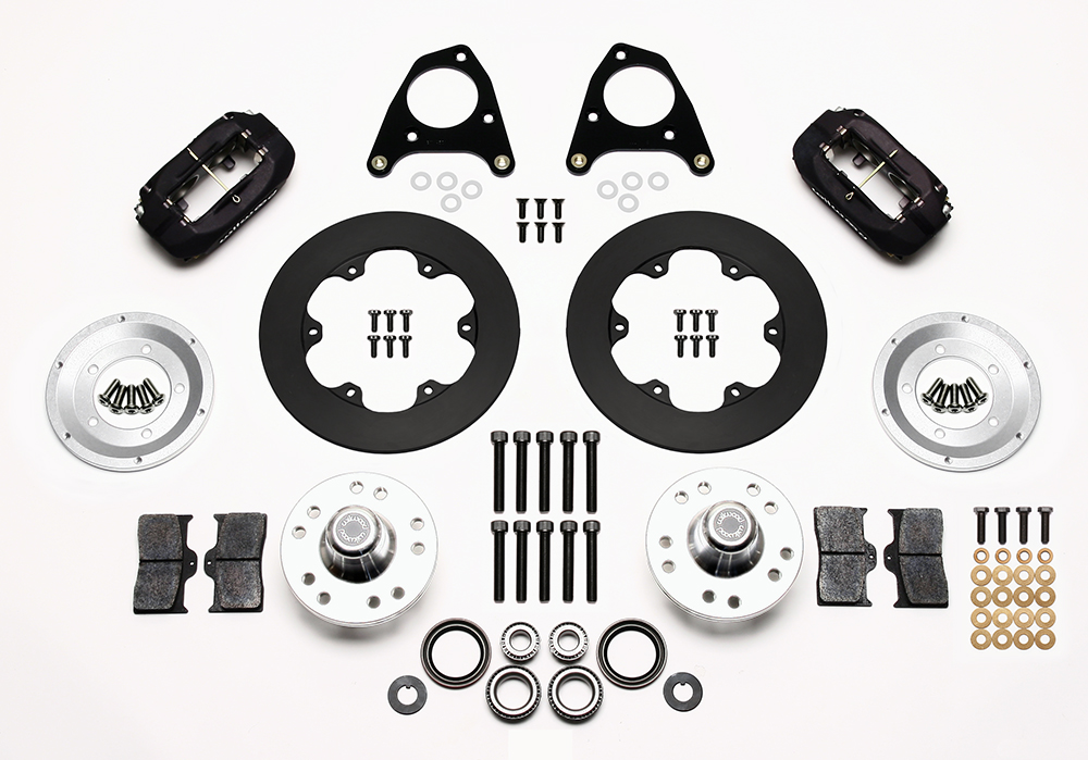 Wilwood Forged Dynalite Front Drag Brake Kit Parts Laid Out - Type III Anodize Caliper - Plain Face Rotor