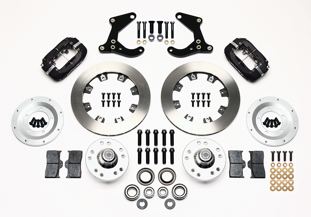 Wilwood Forged Dynalite Pro Series Front Brake Kit Parts Laid Out - Type III Anodize Caliper - Plain Face Rotor