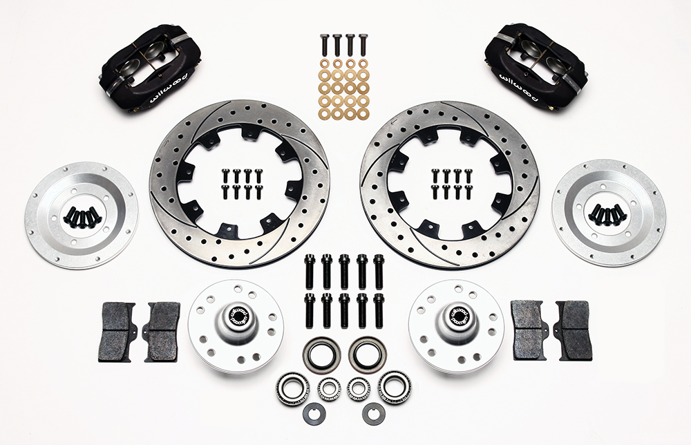 Wilwood Forged Dynalite Big Brake Front Brake Kit (Hub) Parts Laid Out - Type III Anodize Caliper - SRP Drilled & Slotted Rotor