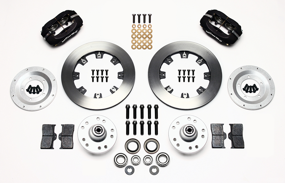 Wilwood Forged Dynalite Big Brake Front Brake Kit (Hub) Parts Laid Out - Type III Anodize Caliper - Plain Face Rotor