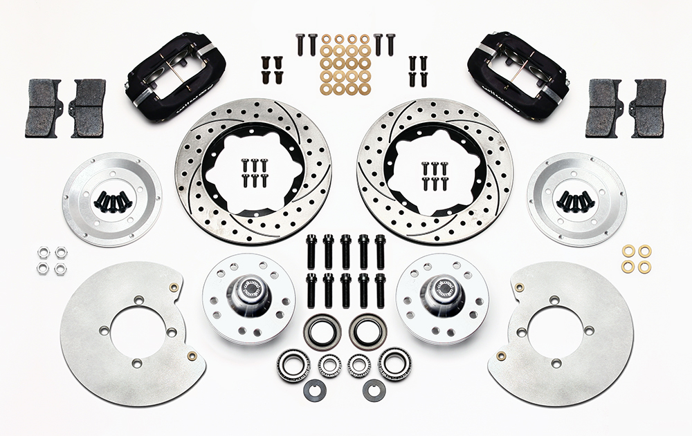 Wilwood Forged Dynalite Pro Series Front Brake Kit Parts Laid Out - Type III Anodize Caliper - SRP Drilled & Slotted Rotor