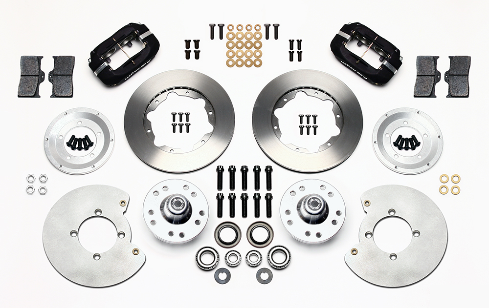 Wilwood Forged Dynalite Pro Series Front Brake Kit Parts Laid Out - Type III Anodize Caliper - Plain Face Rotor